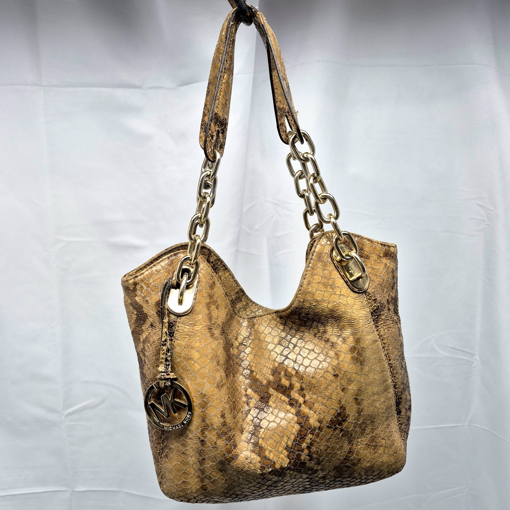 Michael Kors Gold Snake Skin-Embossed Leather Shoulder Bag Boho Y2K